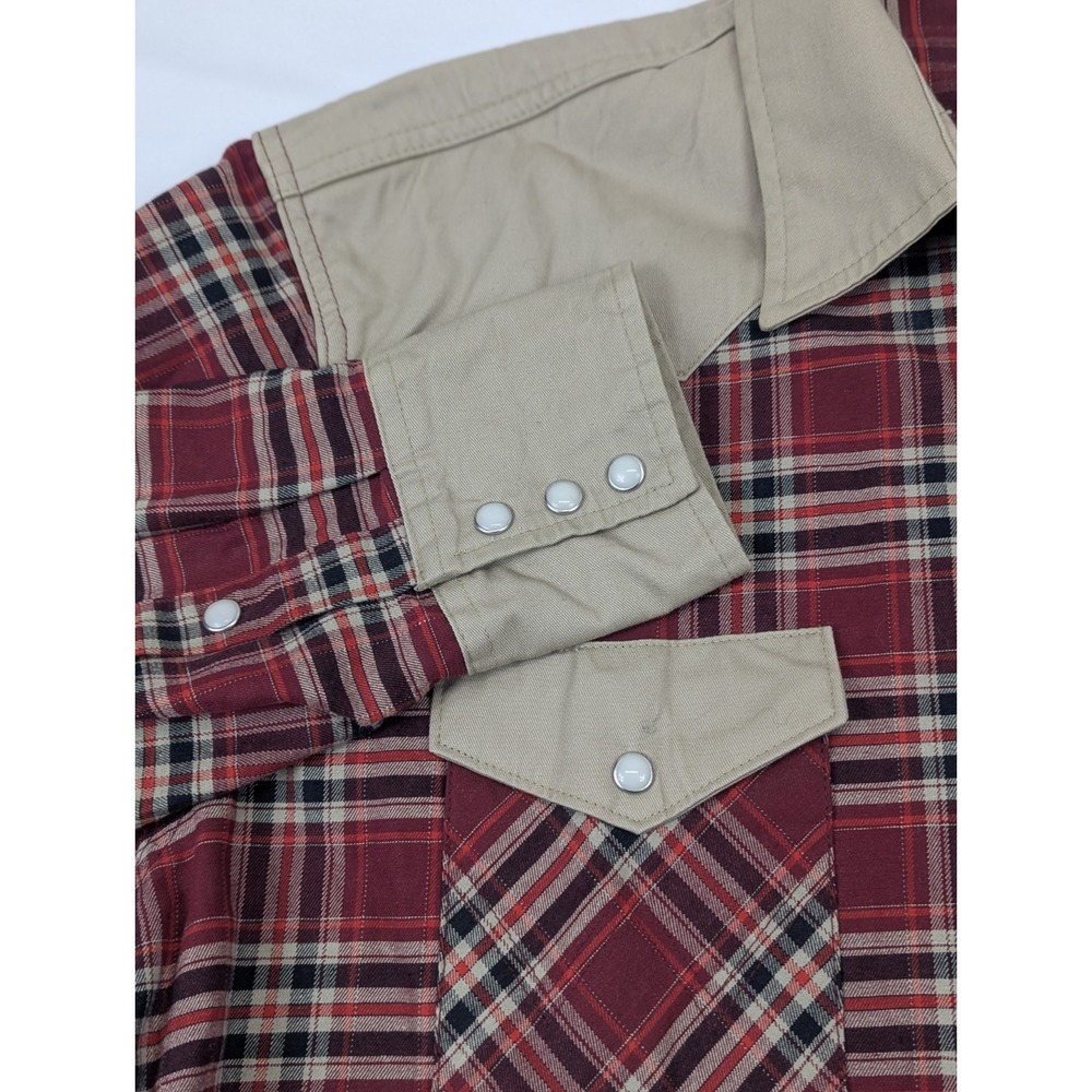 Vintage Wrangler Shirt Mens 2X Red Plaid Tan Brushpopper Pearl Snap Western - Picture 6 of 10